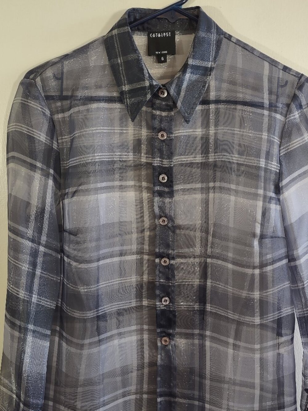 Vintage Catalyst Semi Sheer Plaid Blouse Size 6 Grey Metallic USA Euro Femme